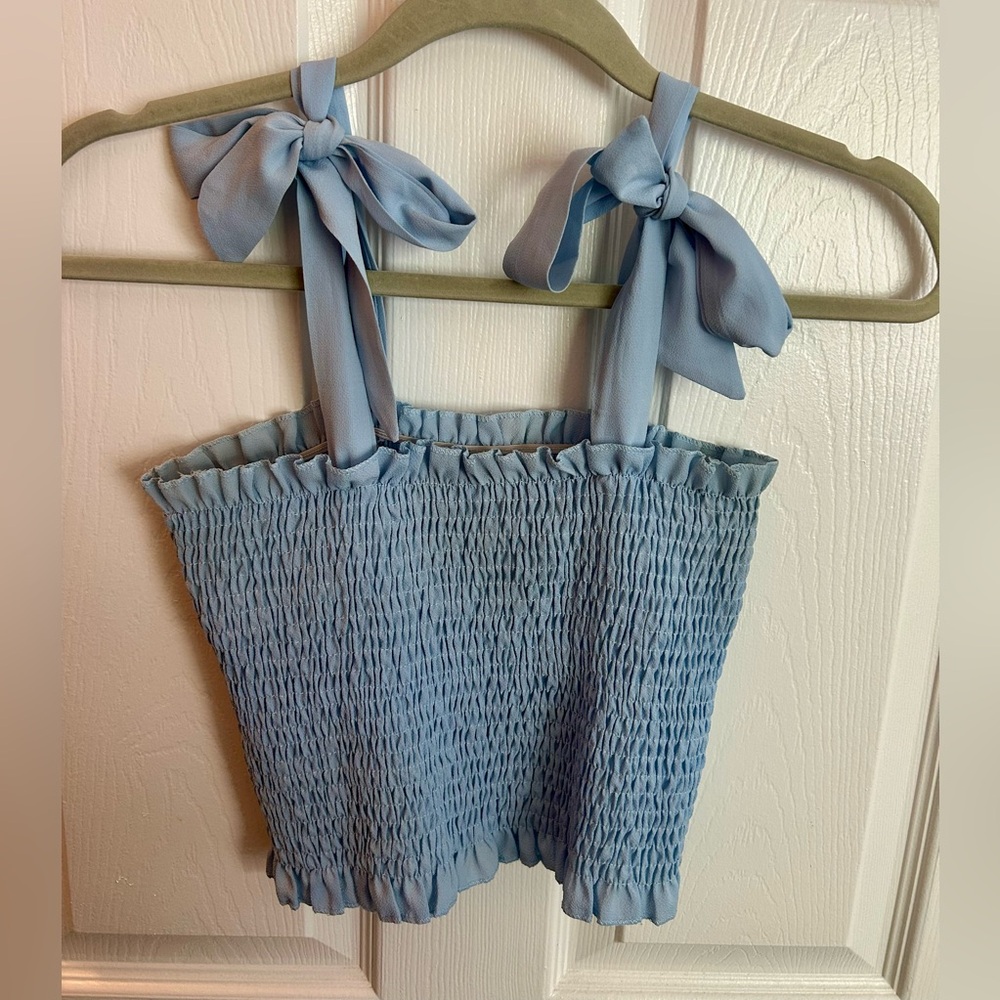 Light Blue Smocked Top with Bow Straps